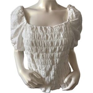 DESIGNIST STUDIO White Textured Smocked Puff Sleeve Square Neck Top Women's XL